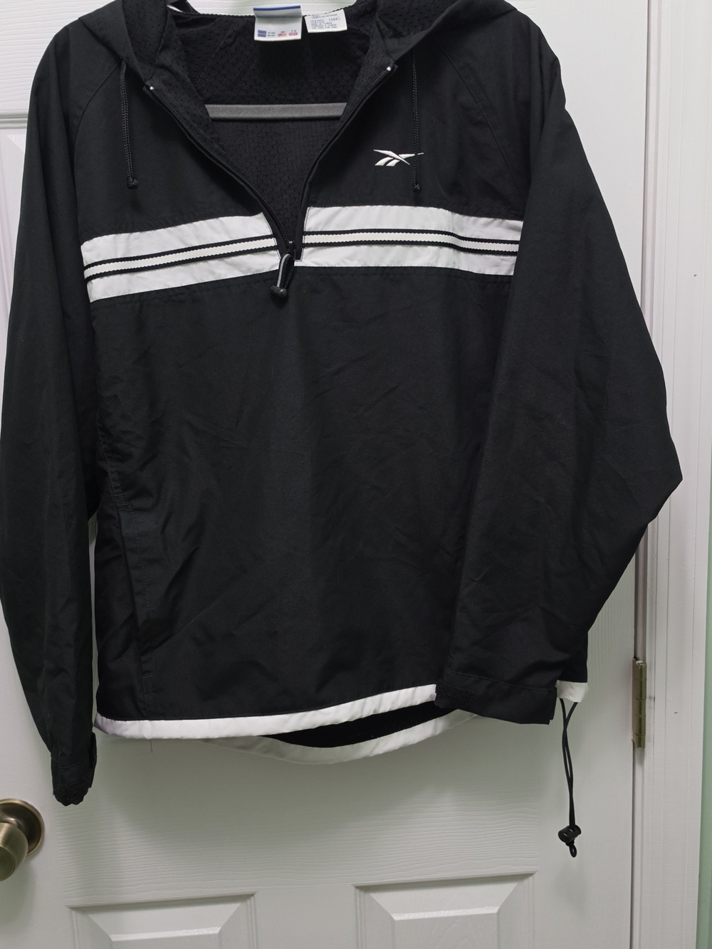 Vintage 90s Reebok Hooded 1/4 Zip Windbreaker Jacket Black White Stripe Mens M